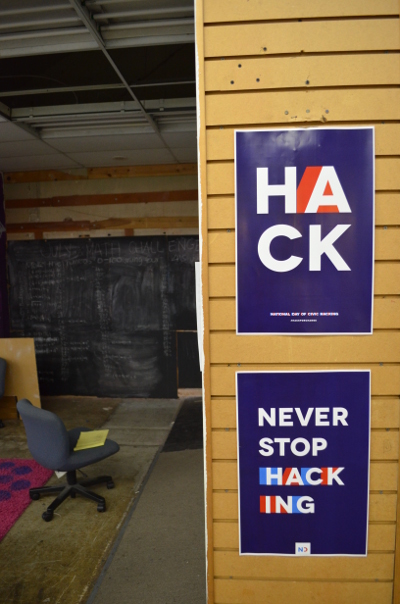 Signs for the National Day of Civic Hacking, posted at the [freespace] hackerspace in San Francisco.